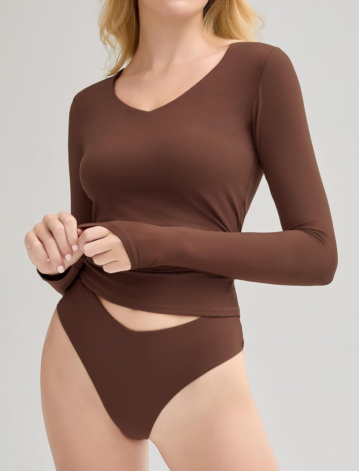 imageAvidlove Womens Long Sleeve Tops Sweetheart Neck Y2k Double Lined Bodysuit Top Fitted Basic Tee Going Out ShirtsBrown