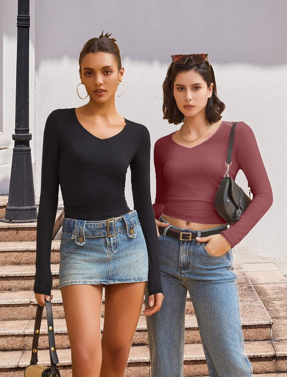 imageAvidlove Womens Long Sleeve Tops Sweetheart Neck Y2k Double Lined Bodysuit Top Fitted Basic Tee Going Out ShirtsDark Purple