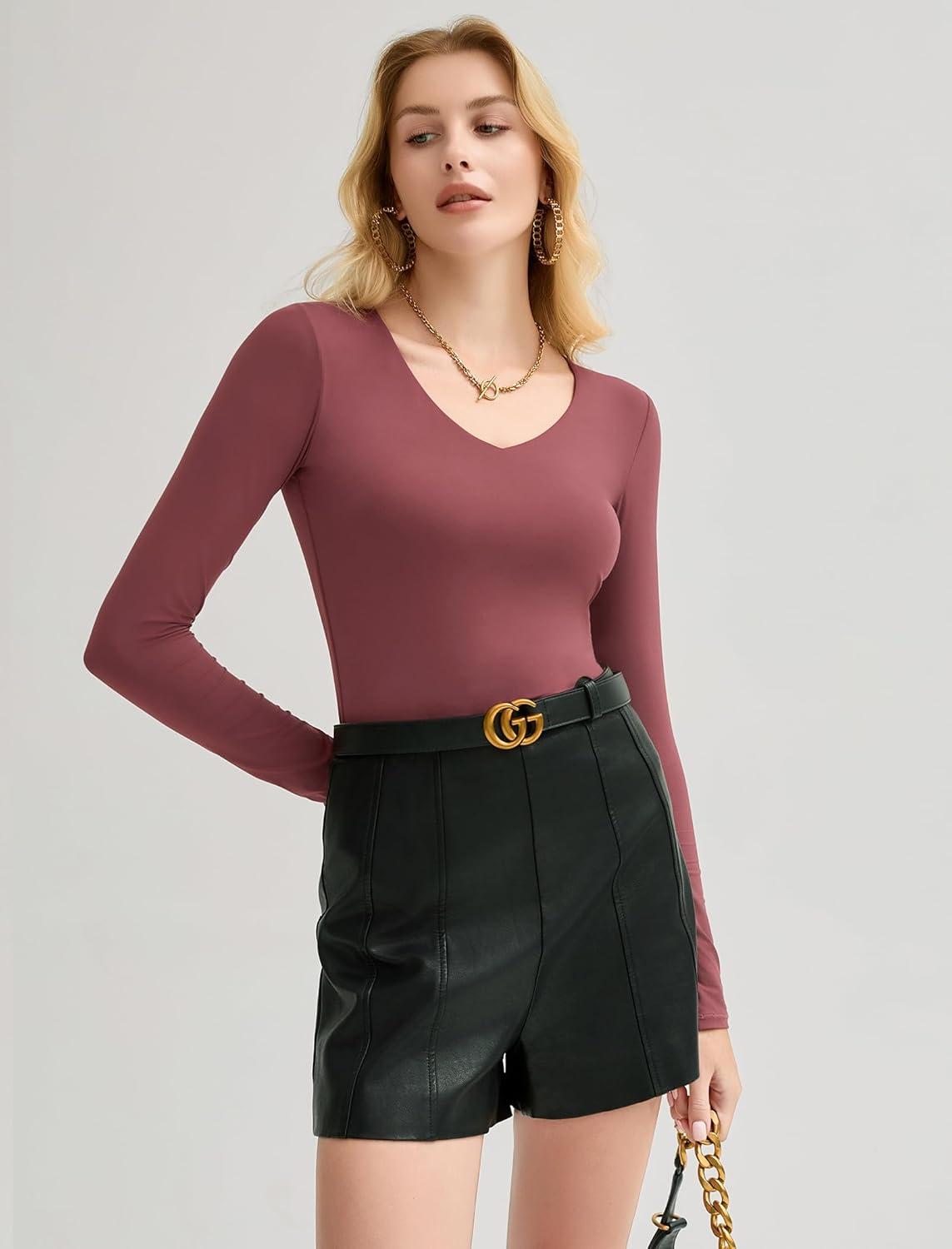 imageAvidlove Womens Long Sleeve Tops Sweetheart Neck Y2k Double Lined Bodysuit Top Fitted Basic Tee Going Out ShirtsDark Purple