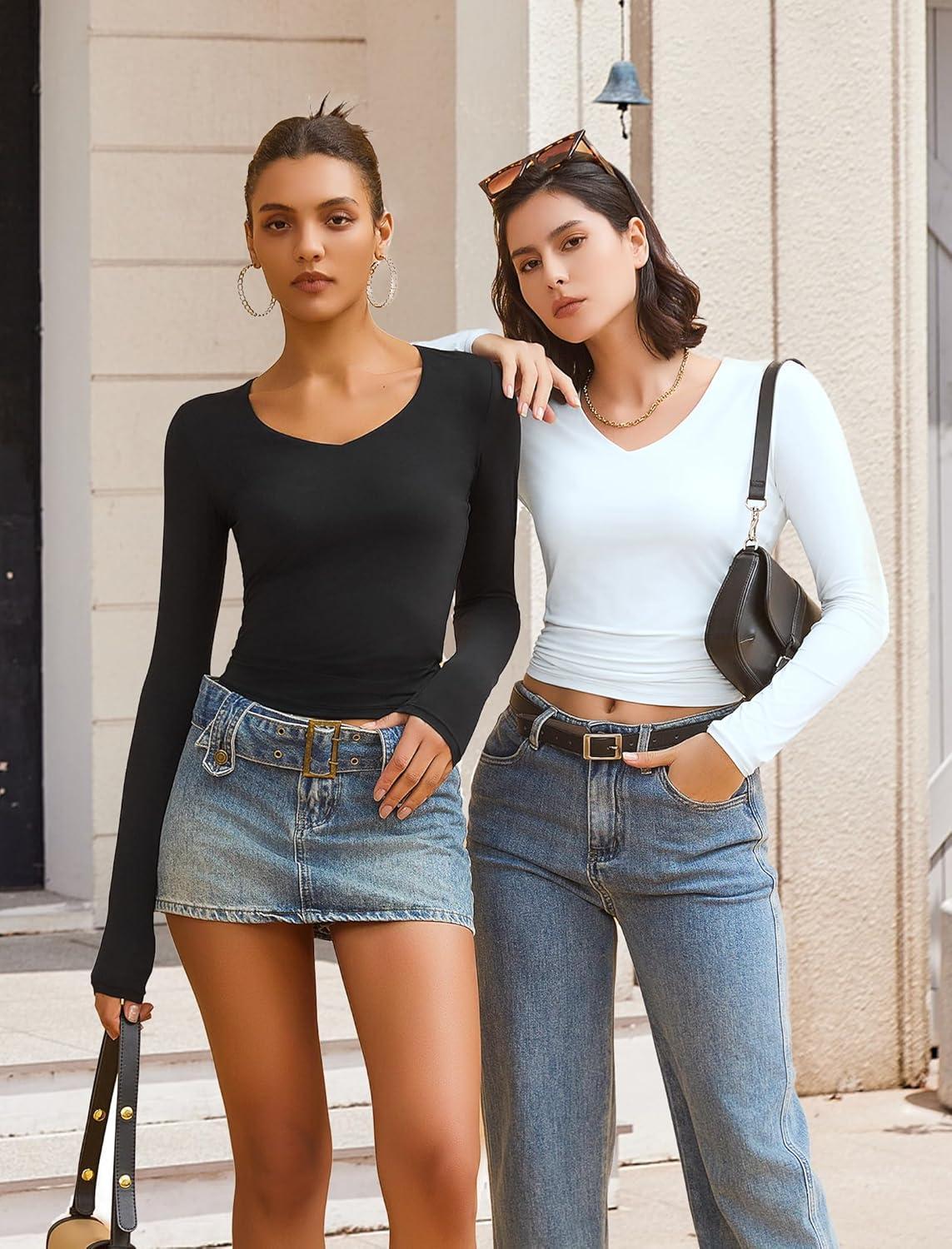 imageAvidlove Womens Long Sleeve Tops Sweetheart Neck Y2k Double Lined Bodysuit Top Fitted Basic Tee Going Out ShirtsWhite