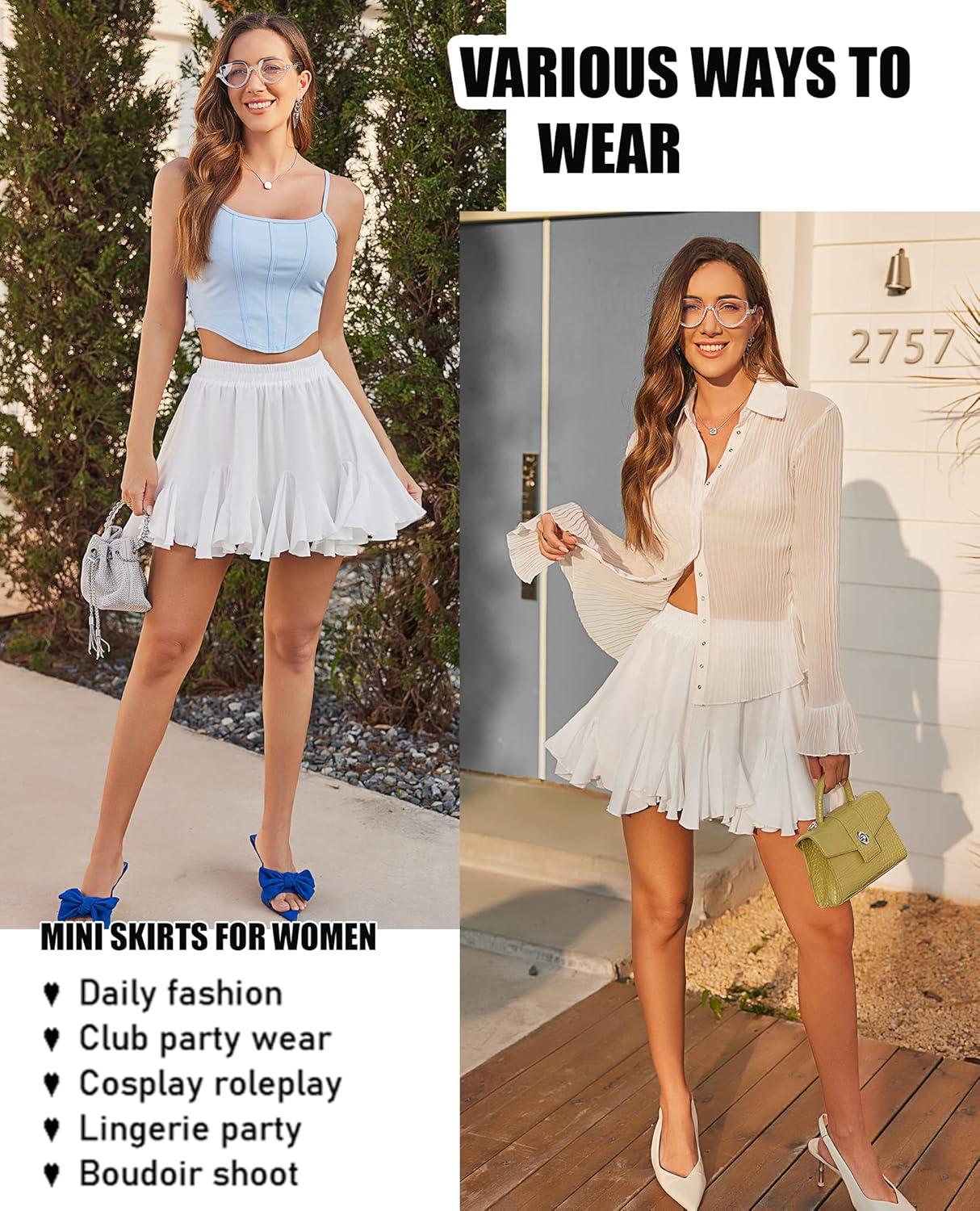 imageAvidlove Womens Pleated Skater Skirt Basic Casual High Waisted Ruffles Flared Mini Lingerie SkirtsAwhite