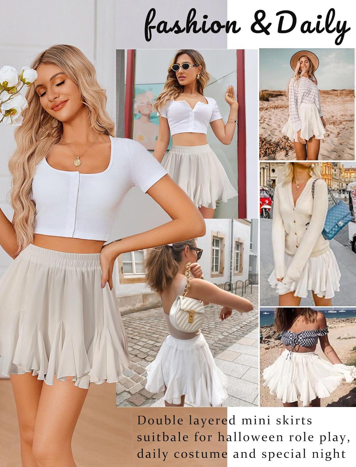 imageAvidlove Womens Pleated Skater Skirt Basic Casual High Waisted Ruffles Flared Mini Lingerie SkirtsAwhite