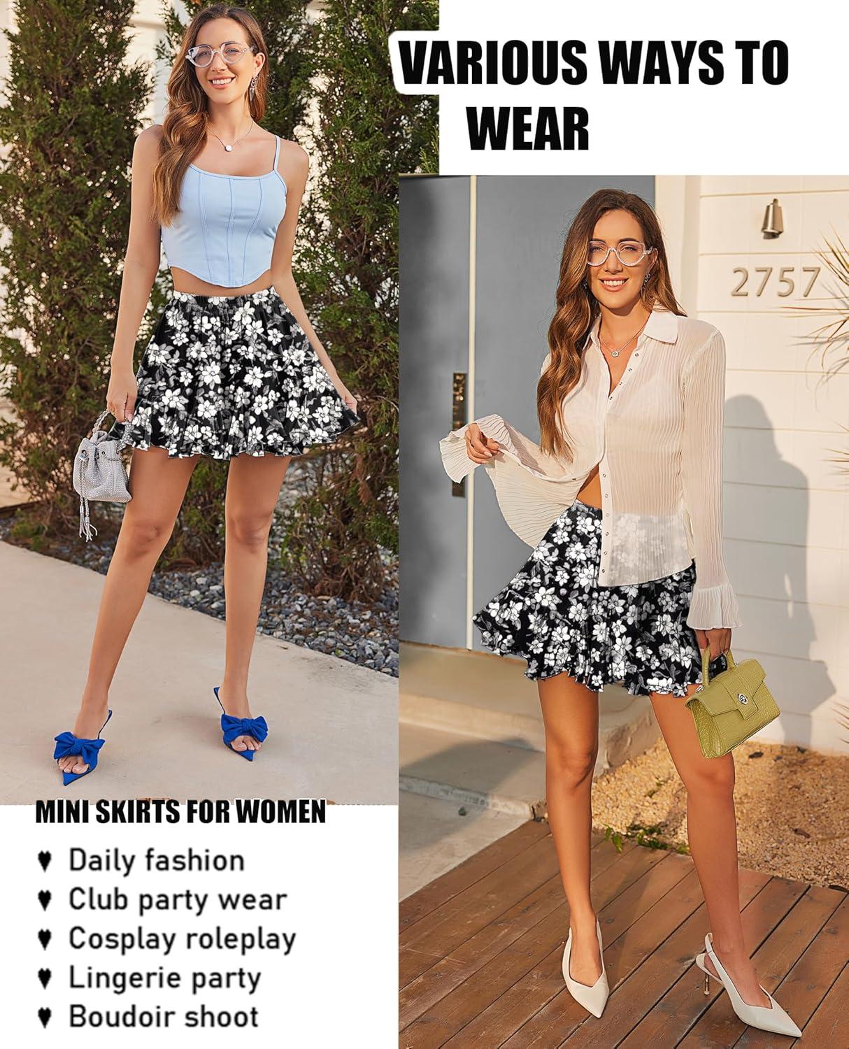 imageAvidlove Womens Pleated Skater Skirt Basic Casual High Waisted Ruffles Flared Mini Lingerie SkirtsBlack Flower