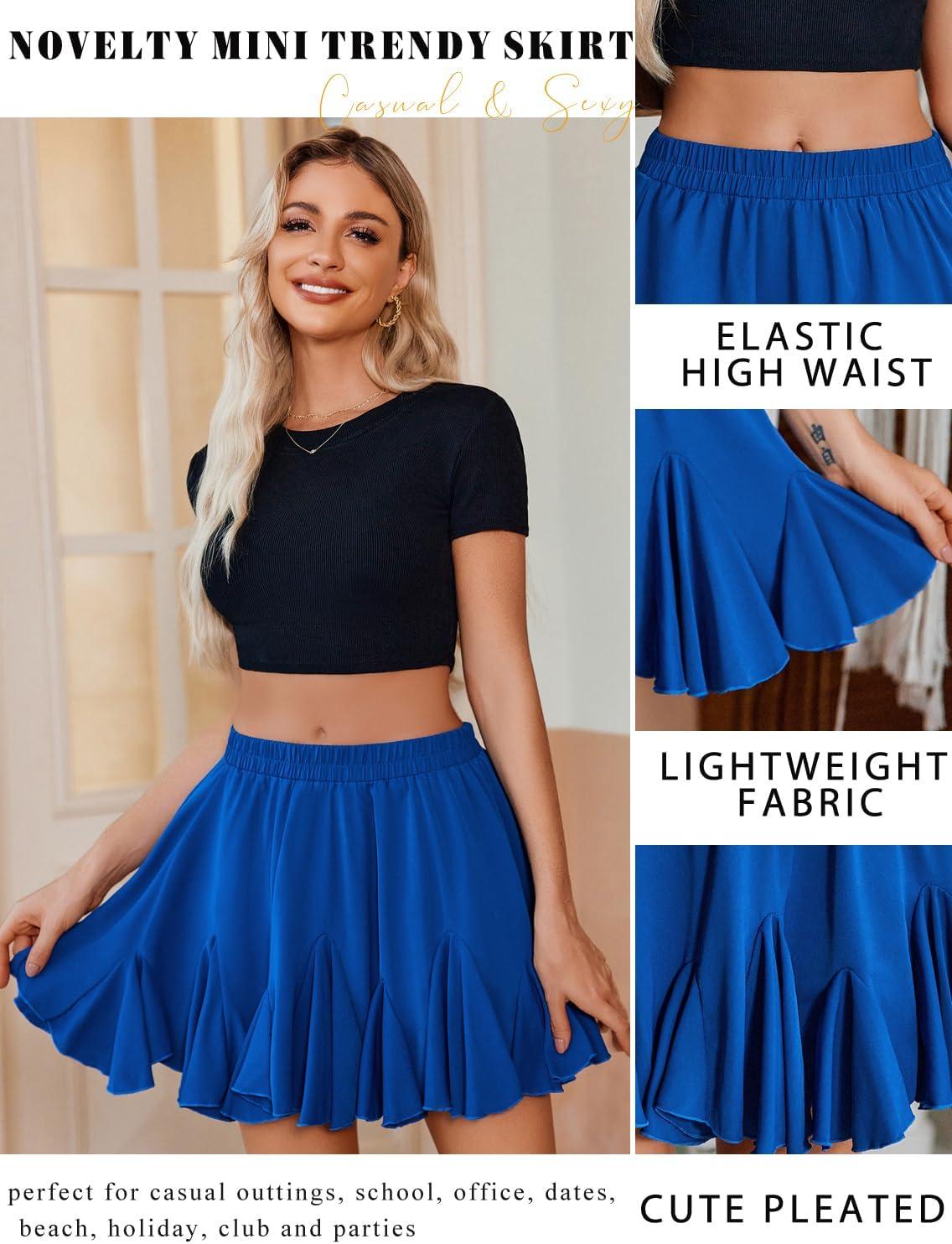 imageAvidlove Womens Pleated Skater Skirt Basic Casual High Waisted Ruffles Flared Mini Lingerie SkirtsBlue