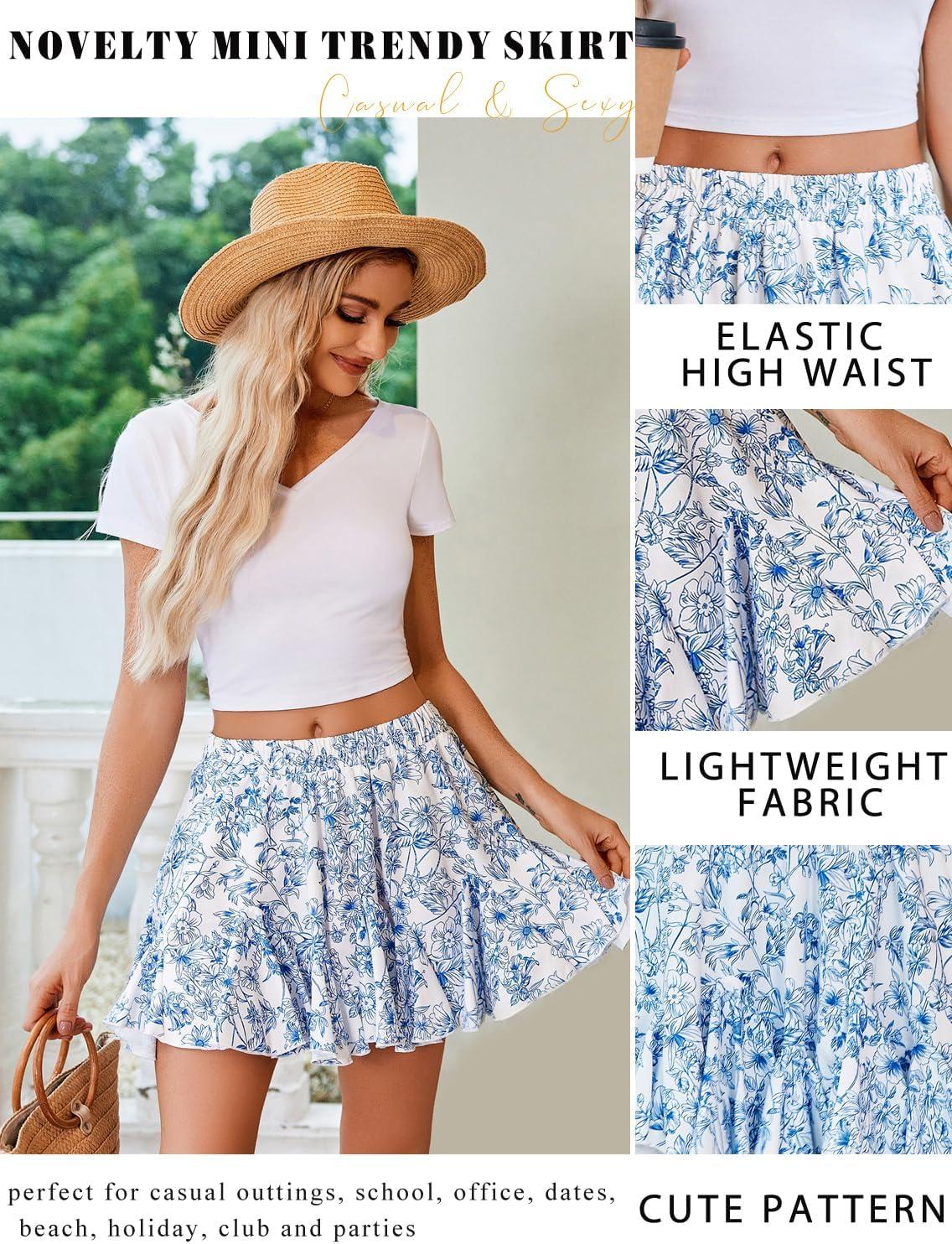 imageAvidlove Womens Pleated Skater Skirt Basic Casual High Waisted Ruffles Flared Mini Lingerie SkirtsBlue Rose