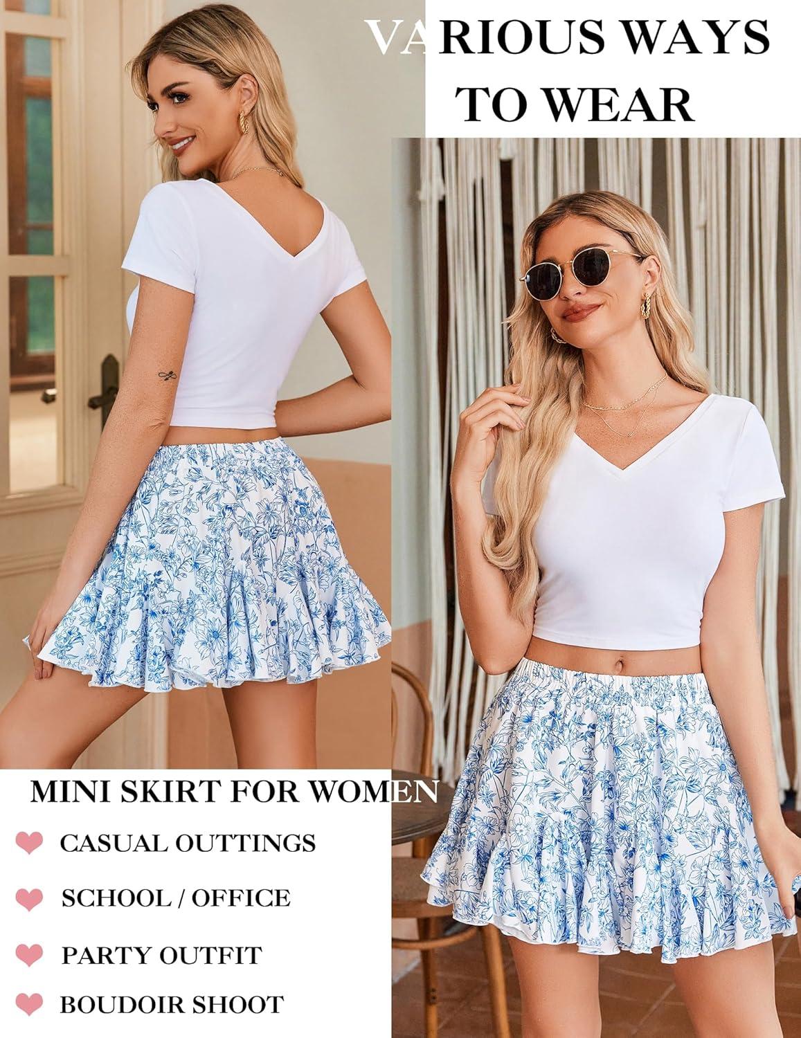 imageAvidlove Womens Pleated Skater Skirt Basic Casual High Waisted Ruffles Flared Mini Lingerie SkirtsBlue Rose