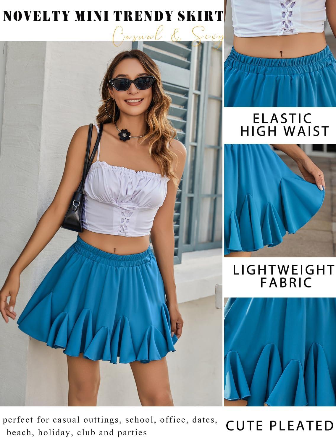 imageAvidlove Womens Pleated Skater Skirt Basic Casual High Waisted Ruffles Flared Mini Lingerie SkirtsDark Blue