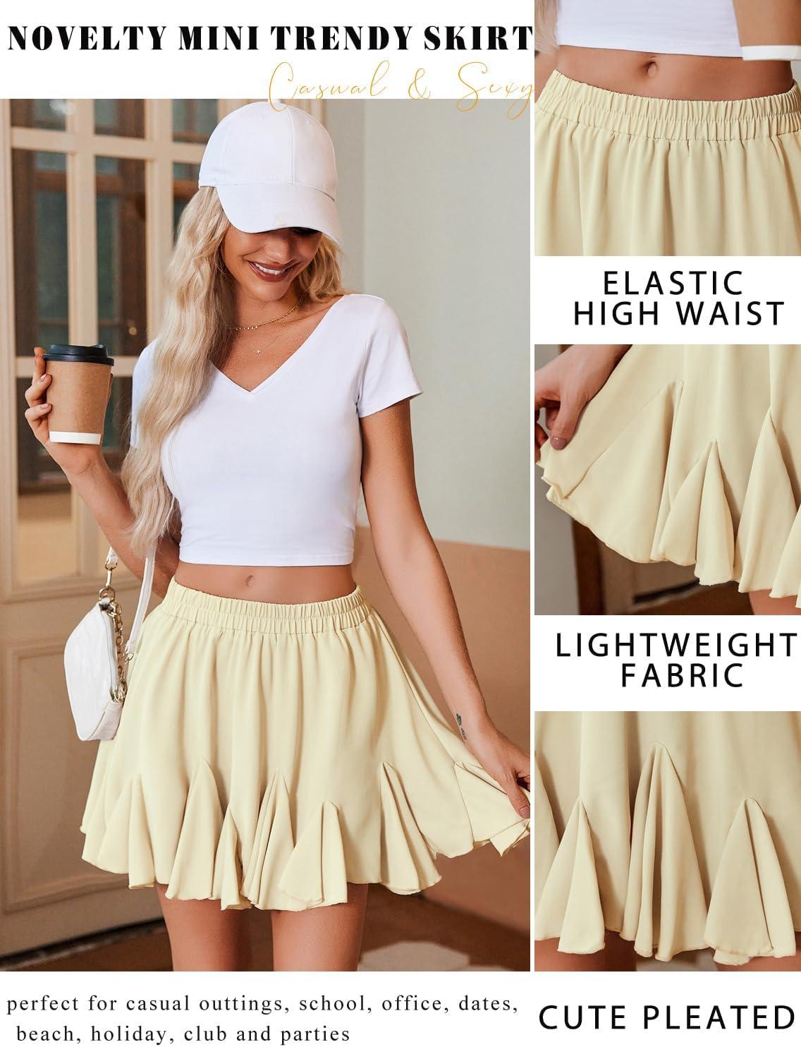 imageAvidlove Womens Pleated Skater Skirt Basic Casual High Waisted Ruffles Flared Mini Lingerie SkirtsKhaki