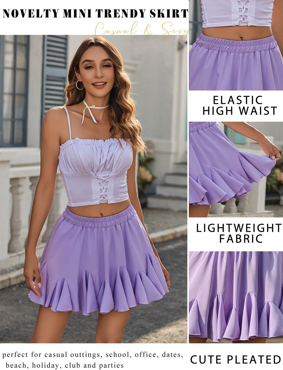 imageAvidlove Womens Pleated Skater Skirt Basic Casual High Waisted Ruffles Flared Mini Lingerie SkirtsLilac