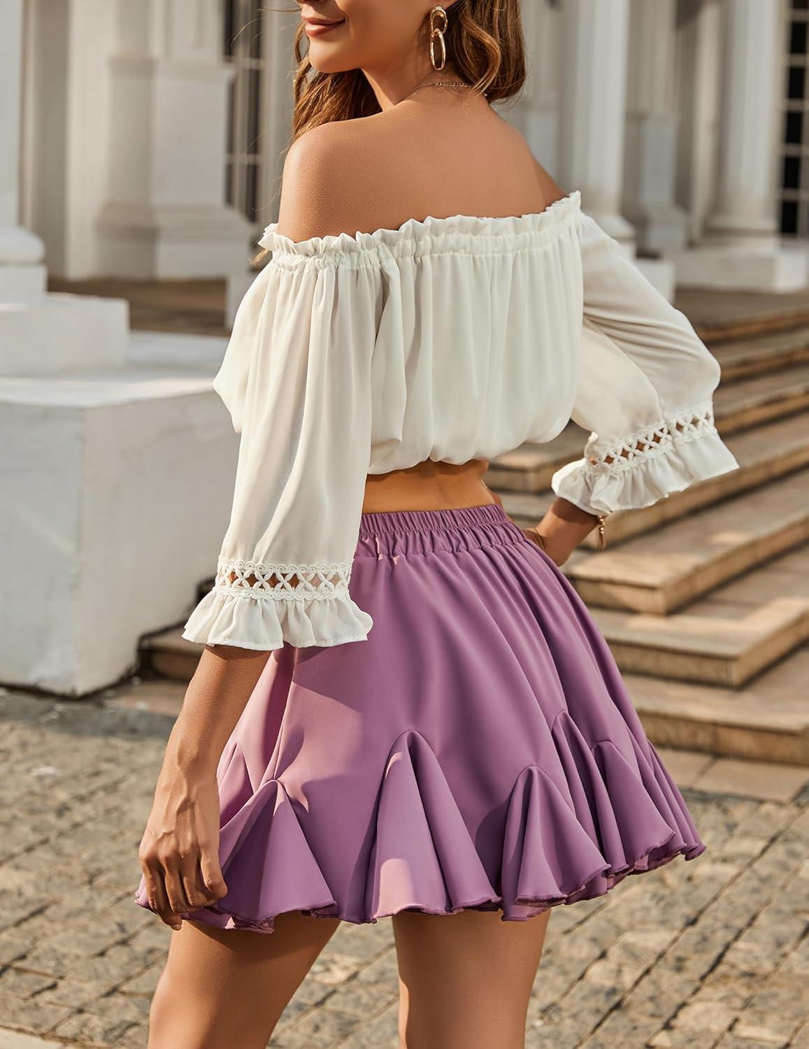 imageAvidlove Womens Pleated Skater Skirt Basic Casual High Waisted Ruffles Flared Mini Lingerie SkirtsPurple Red