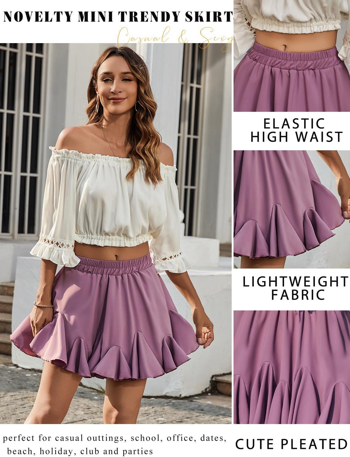 imageAvidlove Womens Pleated Skater Skirt Basic Casual High Waisted Ruffles Flared Mini Lingerie SkirtsPurple Red