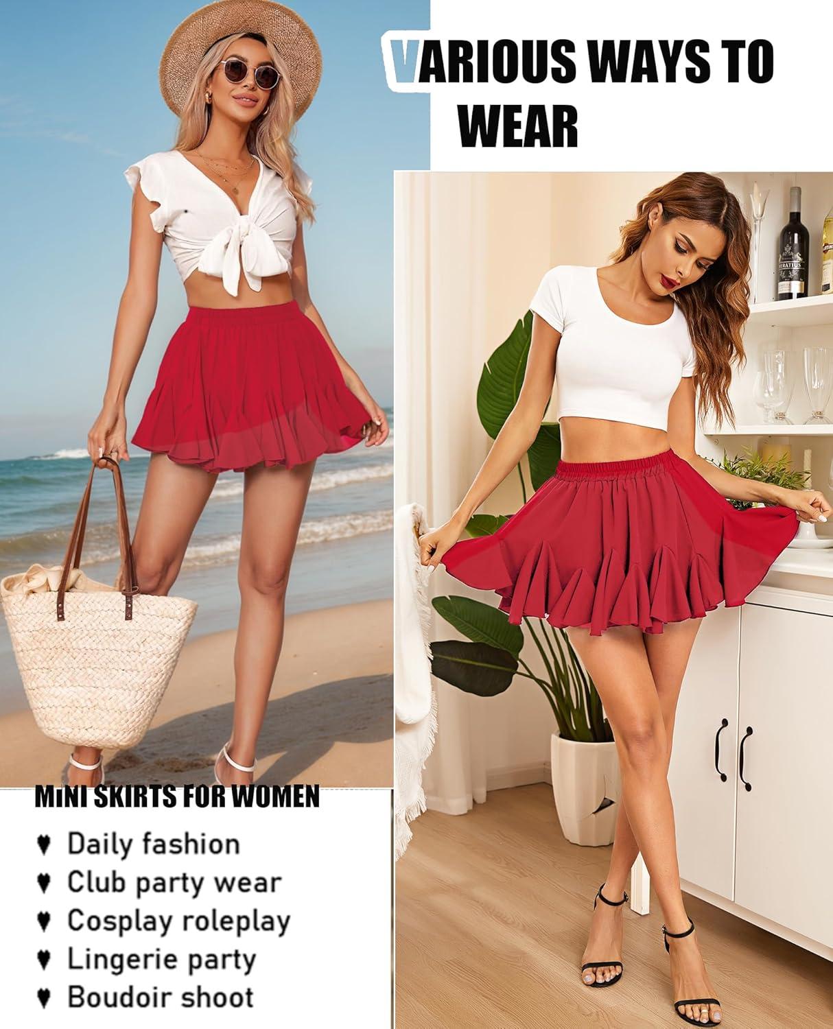 imageAvidlove Womens Pleated Skater Skirt Basic Casual High Waisted Ruffles Flared Mini Lingerie SkirtsRed