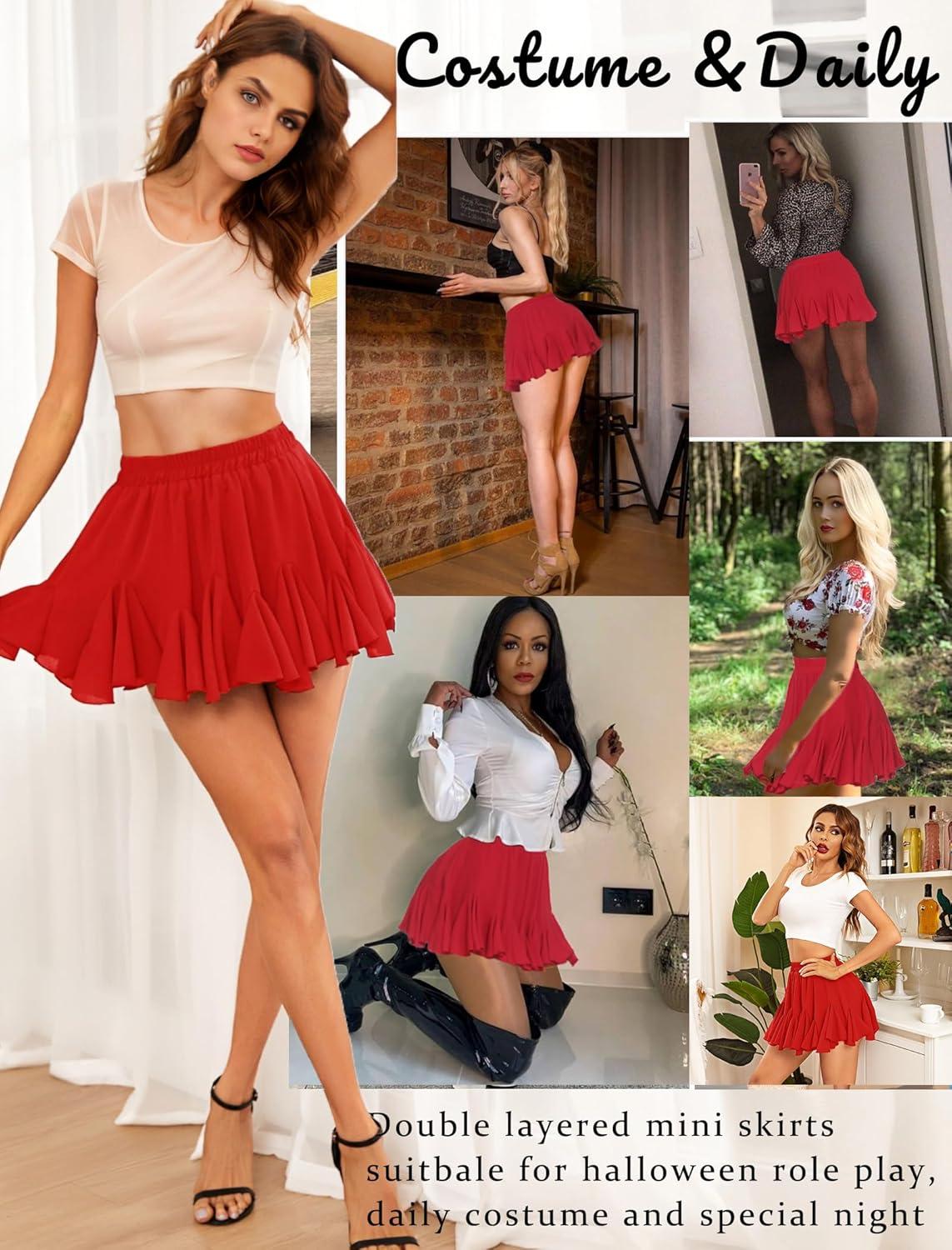 imageAvidlove Womens Pleated Skater Skirt Basic Casual High Waisted Ruffles Flared Mini Lingerie SkirtsRed