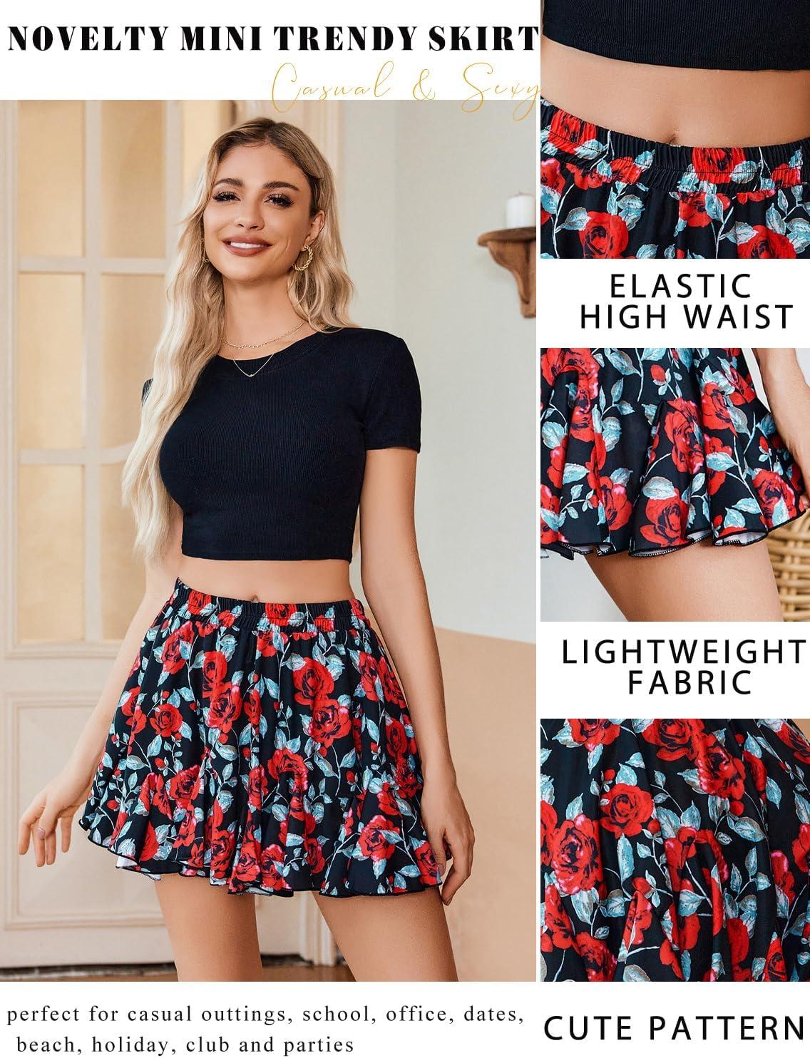 imageAvidlove Womens Pleated Skater Skirt Basic Casual High Waisted Ruffles Flared Mini Lingerie SkirtsRose Flower