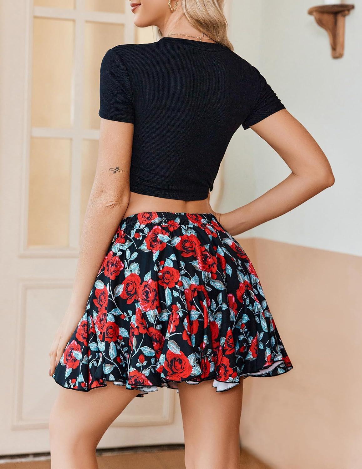imageAvidlove Womens Pleated Skater Skirt Basic Casual High Waisted Ruffles Flared Mini Lingerie SkirtsRose Flower
