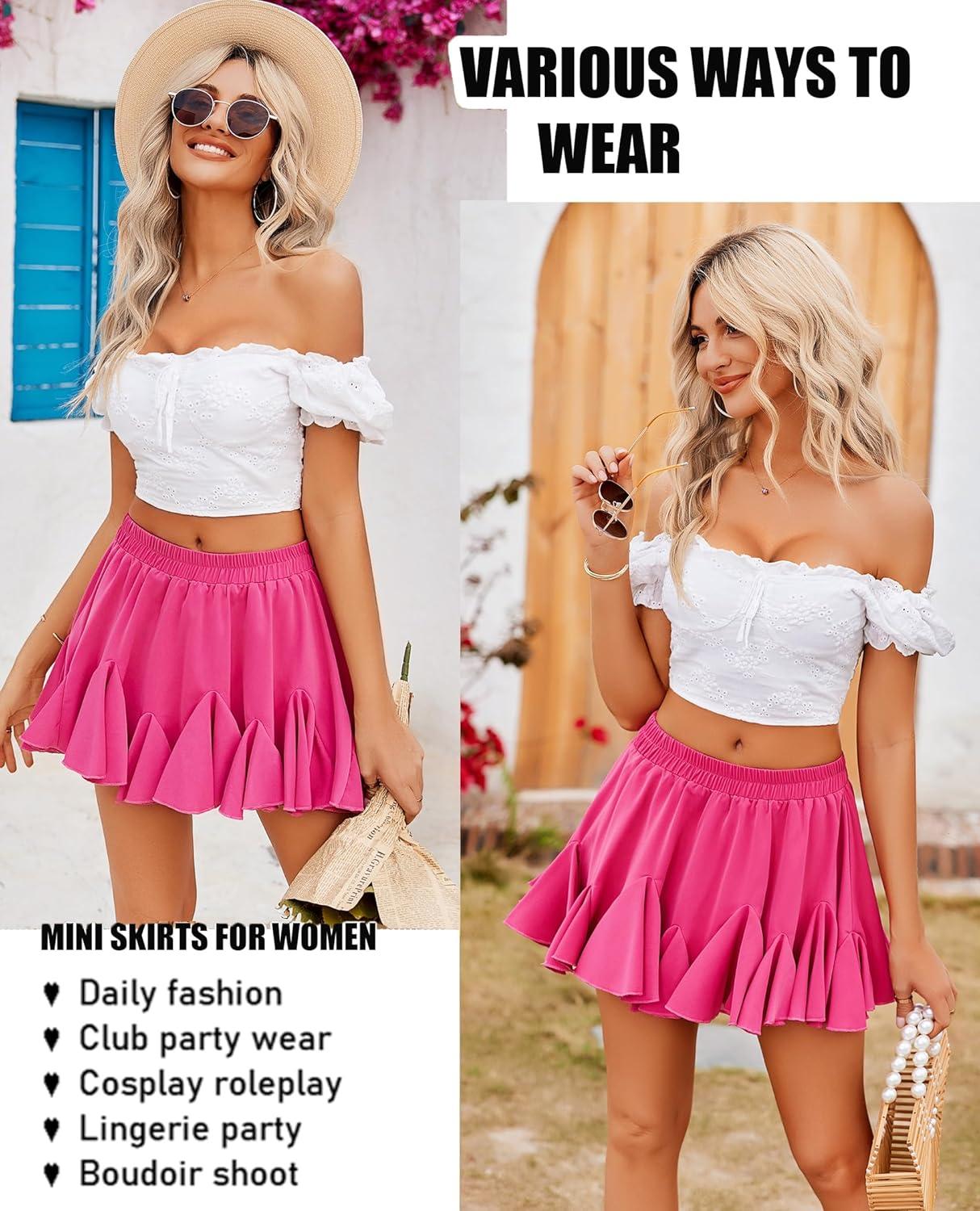 imageAvidlove Womens Pleated Skater Skirt Basic Casual High Waisted Ruffles Flared Mini Lingerie SkirtsRose Red