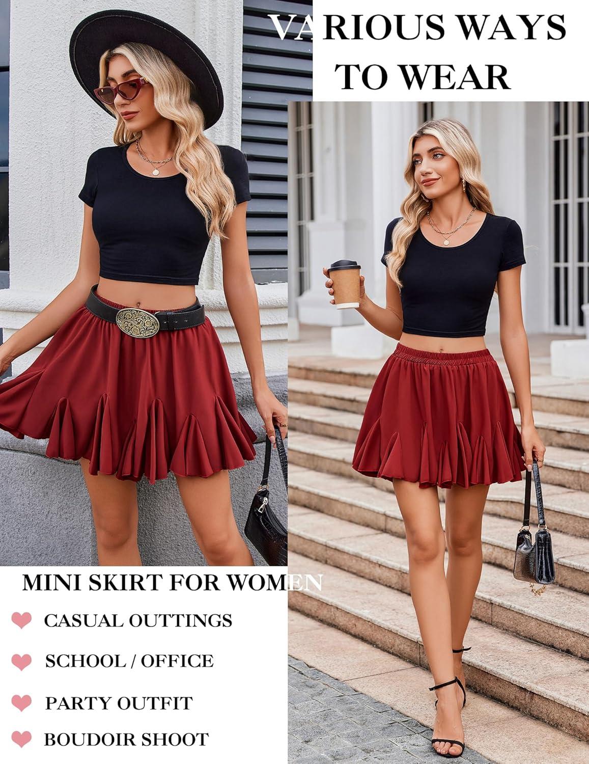imageAvidlove Womens Pleated Skater Skirt Basic Casual High Waisted Ruffles Flared Mini Lingerie SkirtsWine Red