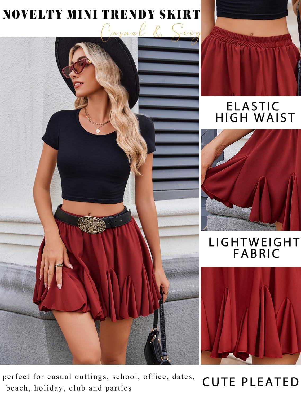 imageAvidlove Womens Pleated Skater Skirt Basic Casual High Waisted Ruffles Flared Mini Lingerie SkirtsWine Red