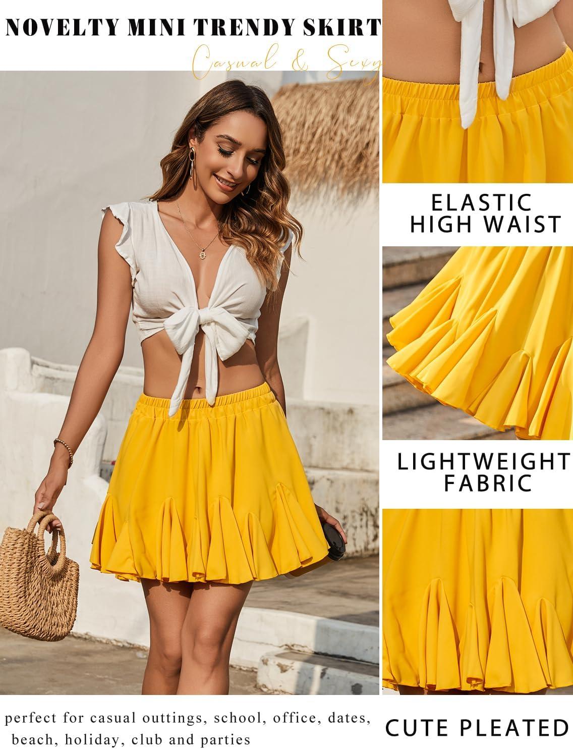 imageAvidlove Womens Pleated Skater Skirt Basic Casual High Waisted Ruffles Flared Mini Lingerie SkirtsYellow