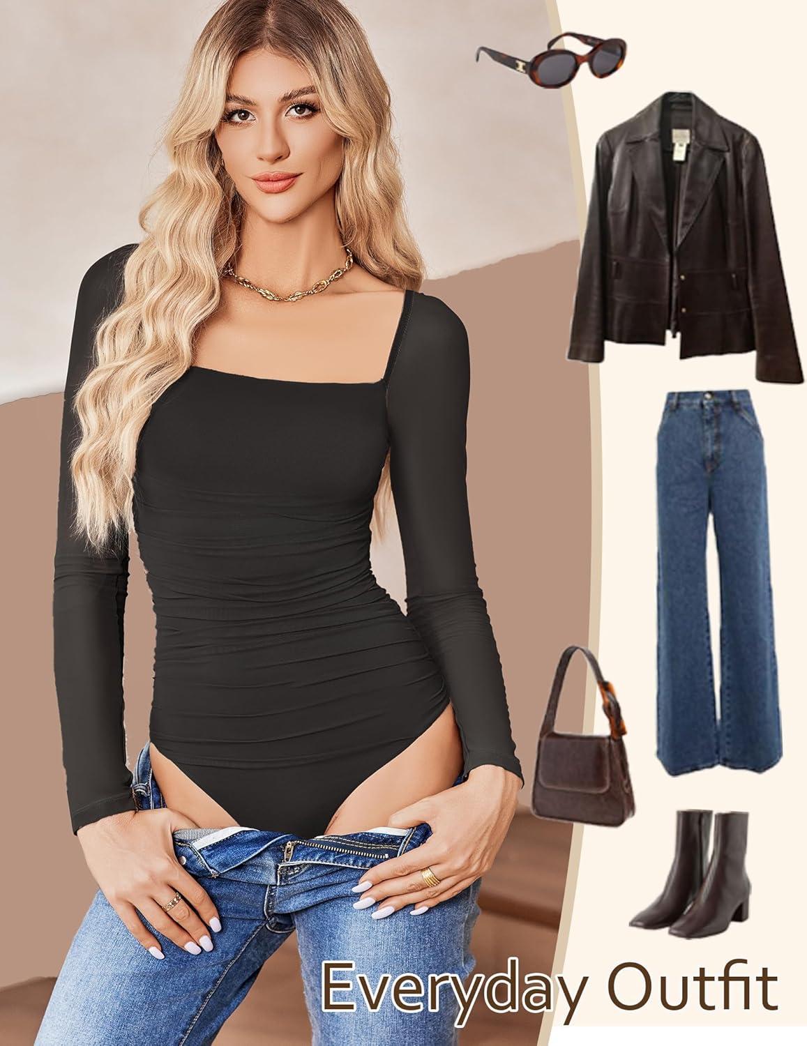 imageAvidlove Womens Square Neck Mesh Long Sleeve Bodysuit Shirts Ruched Body Suit Sexy Sheer Tops Date Night OutfitBlack