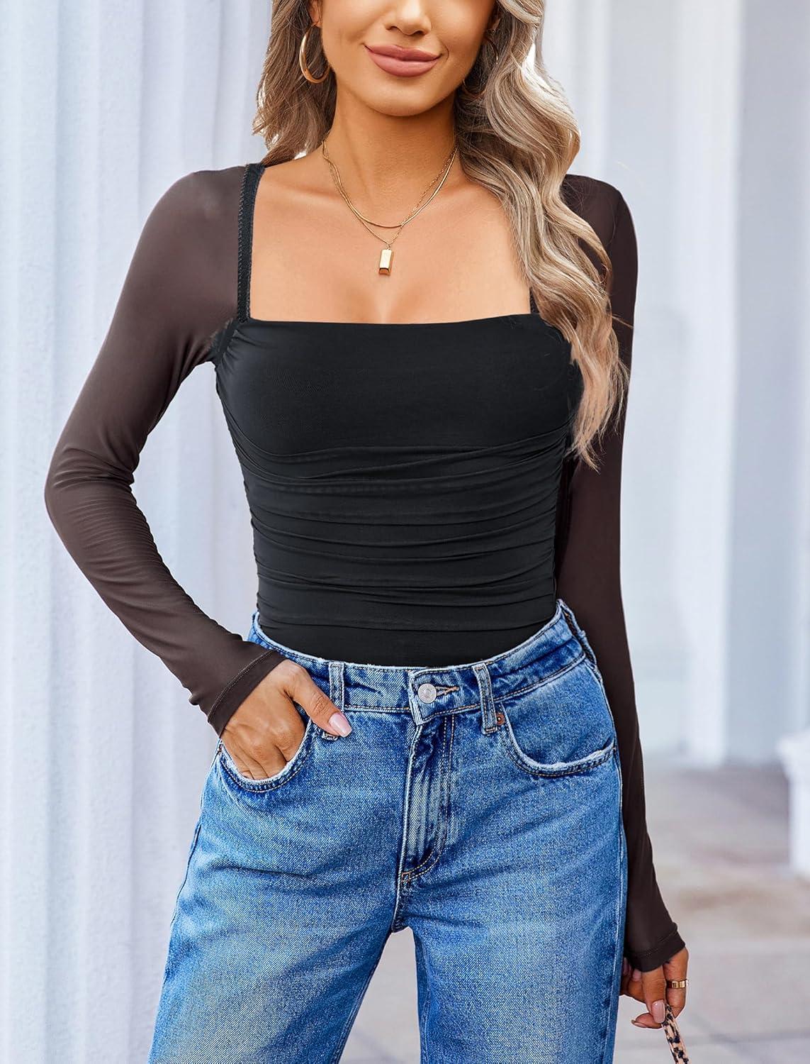 imageAvidlove Womens Square Neck Mesh Long Sleeve Bodysuit Shirts Ruched Body Suit Sexy Sheer Tops Date Night OutfitBlack