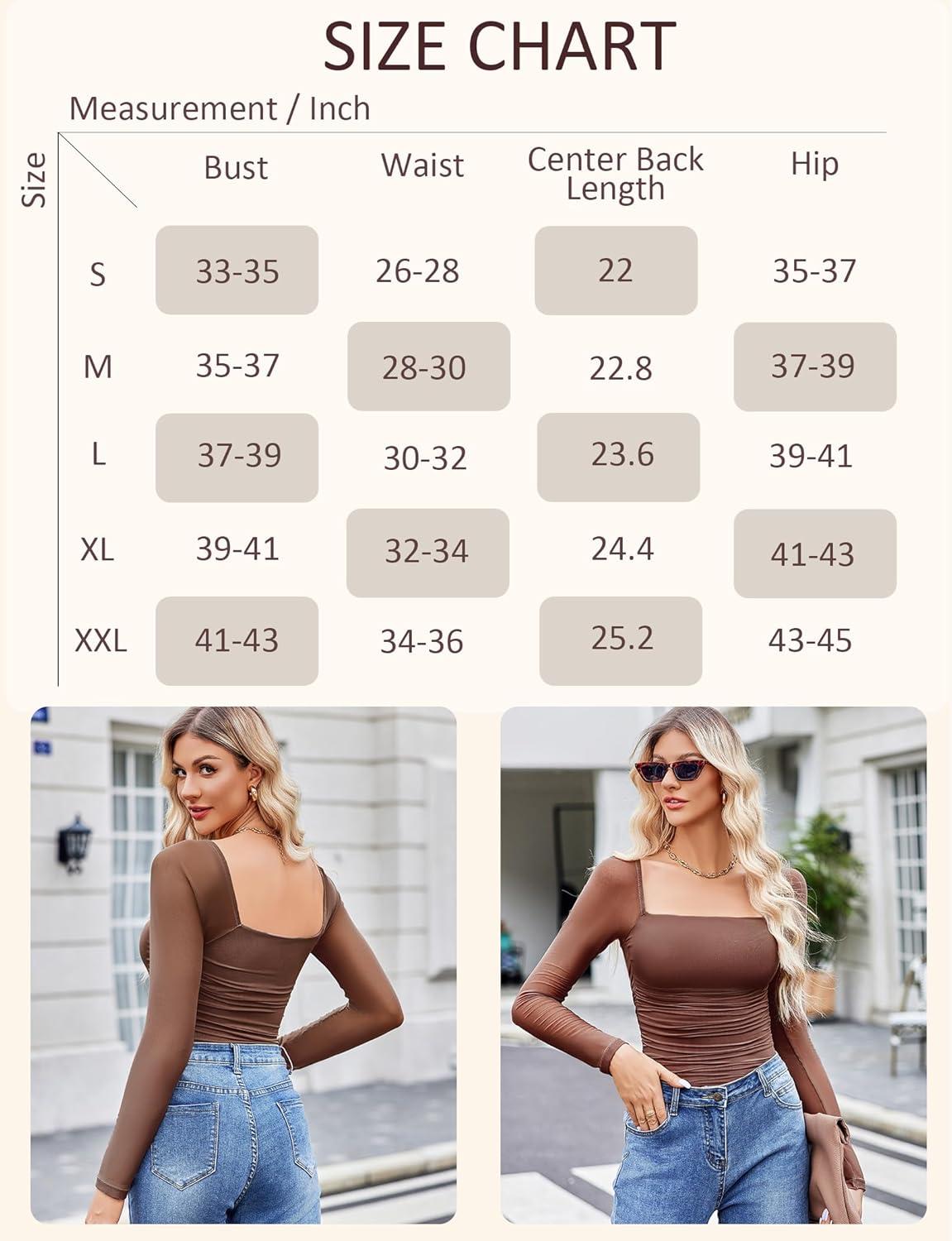 imageAvidlove Womens Square Neck Mesh Long Sleeve Bodysuit Shirts Ruched Body Suit Sexy Sheer Tops Date Night OutfitBrown