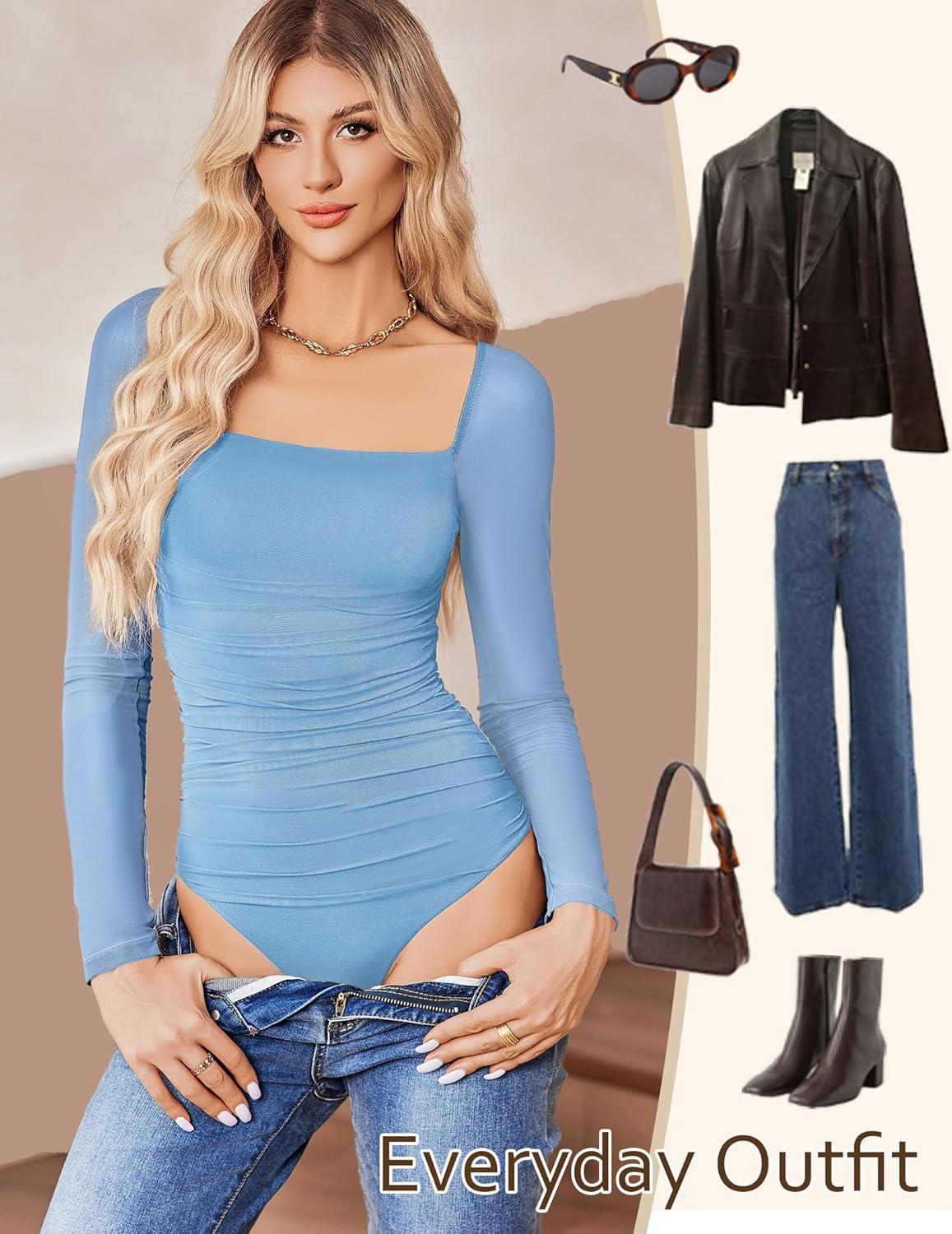 imageAvidlove Womens Square Neck Mesh Long Sleeve Bodysuit Shirts Ruched Body Suit Sexy Sheer Tops Date Night OutfitClear Blue
