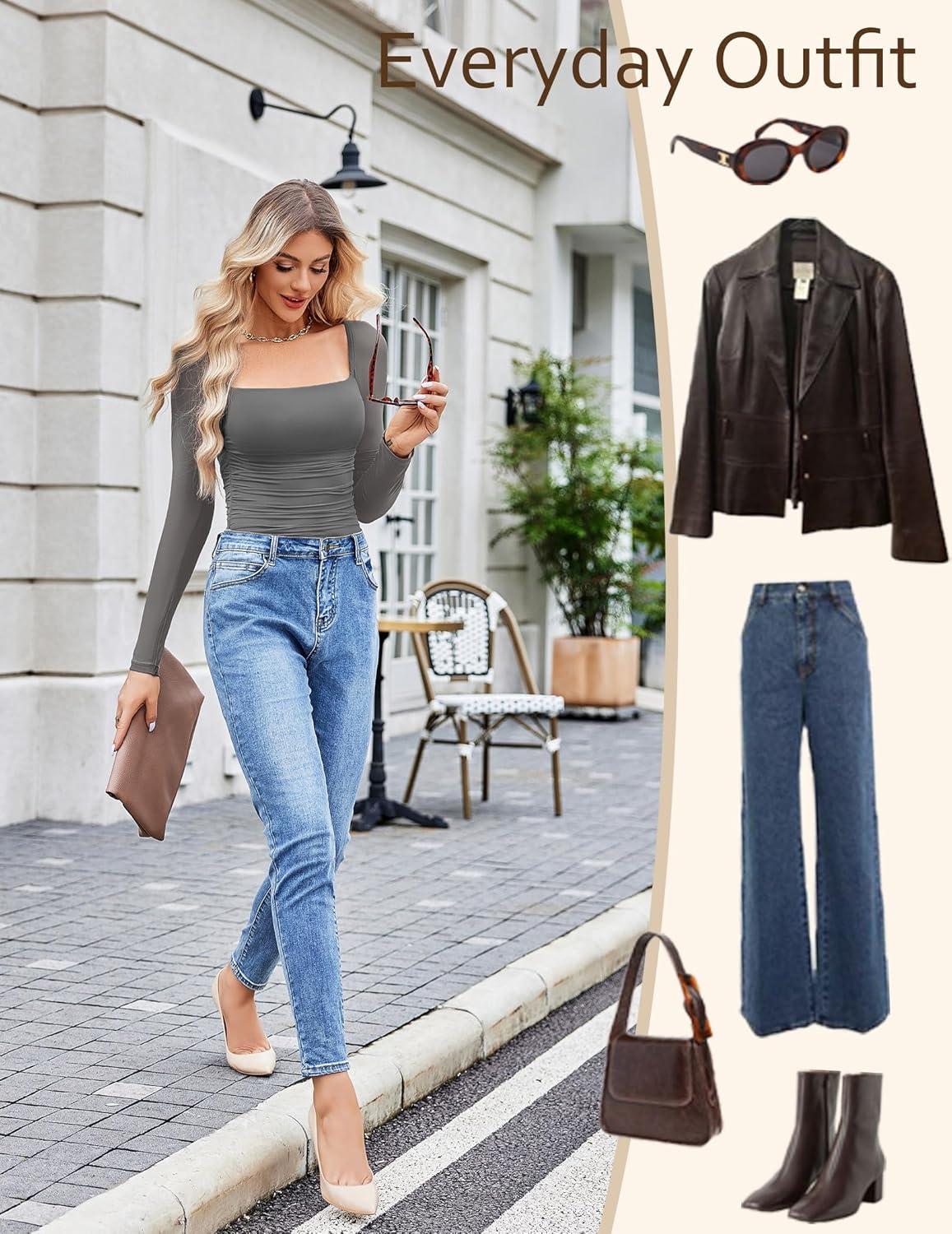 imageAvidlove Womens Square Neck Mesh Long Sleeve Bodysuit Shirts Ruched Body Suit Sexy Sheer Tops Date Night OutfitDark Grey