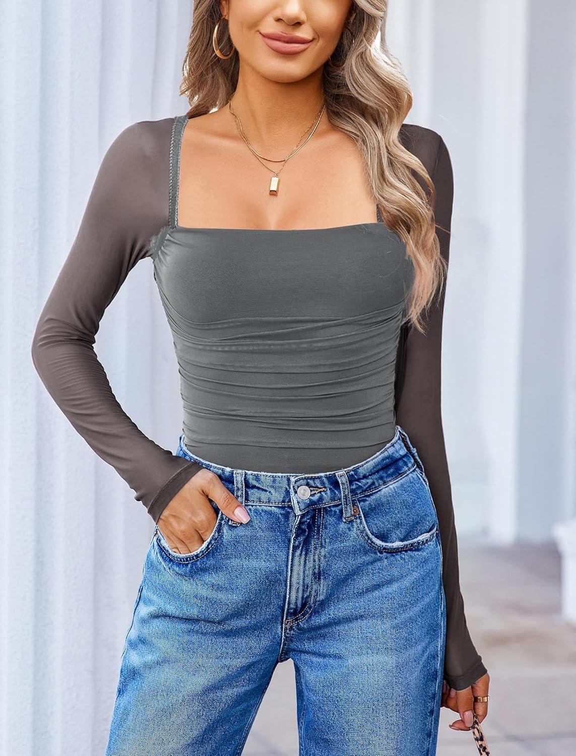 imageAvidlove Womens Square Neck Mesh Long Sleeve Bodysuit Shirts Ruched Body Suit Sexy Sheer Tops Date Night OutfitDark Grey