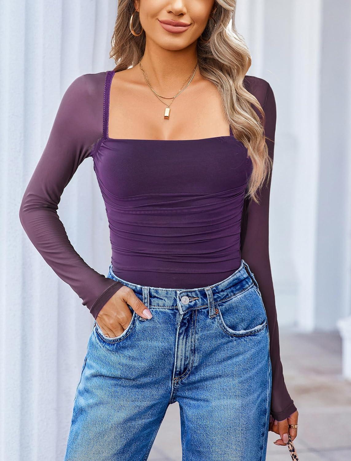 imageAvidlove Womens Square Neck Mesh Long Sleeve Bodysuit Shirts Ruched Body Suit Sexy Sheer Tops Date Night OutfitDark Purple
