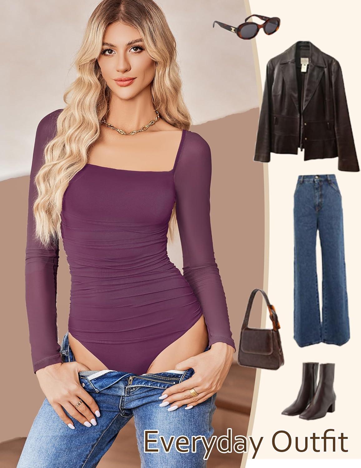 imageAvidlove Womens Square Neck Mesh Long Sleeve Bodysuit Shirts Ruched Body Suit Sexy Sheer Tops Date Night OutfitDark Purple