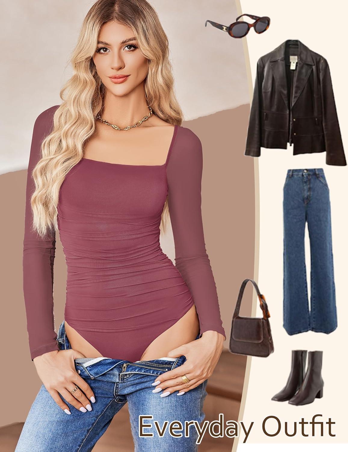 imageAvidlove Womens Square Neck Mesh Long Sleeve Bodysuit Shirts Ruched Body Suit Sexy Sheer Tops Date Night OutfitDark Purple Red