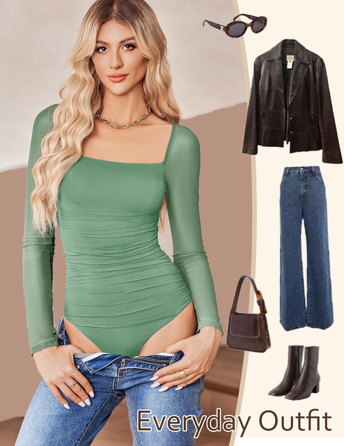imageAvidlove Womens Square Neck Mesh Long Sleeve Bodysuit Shirts Ruched Body Suit Sexy Sheer Tops Date Night OutfitGrey Green