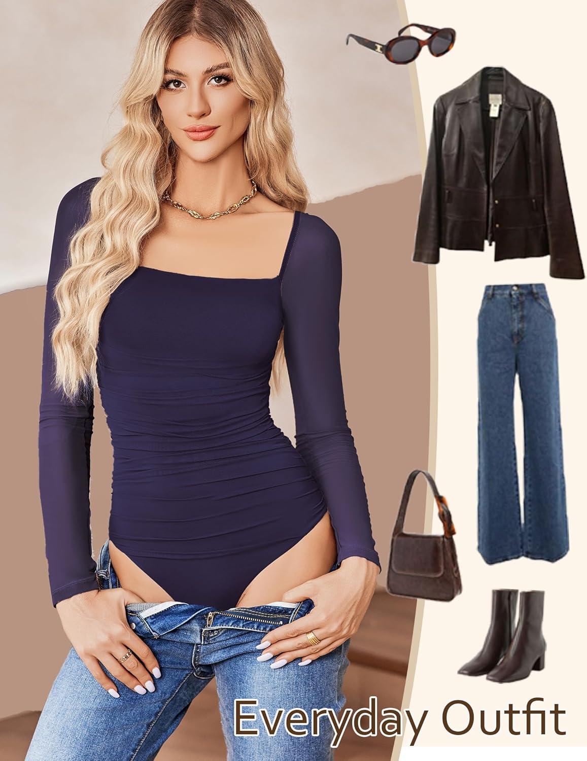 imageAvidlove Womens Square Neck Mesh Long Sleeve Bodysuit Shirts Ruched Body Suit Sexy Sheer Tops Date Night OutfitNavy Blue