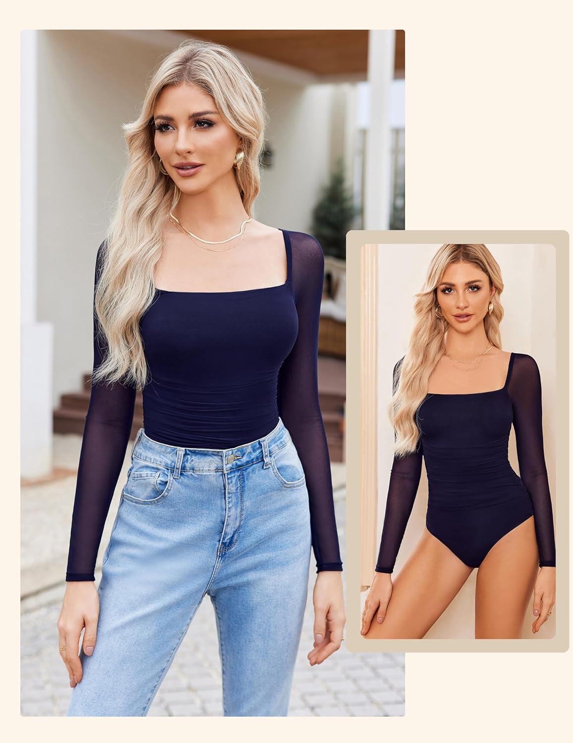 imageAvidlove Womens Square Neck Mesh Long Sleeve Bodysuit Shirts Ruched Body Suit Sexy Sheer Tops Date Night OutfitNavy Blue