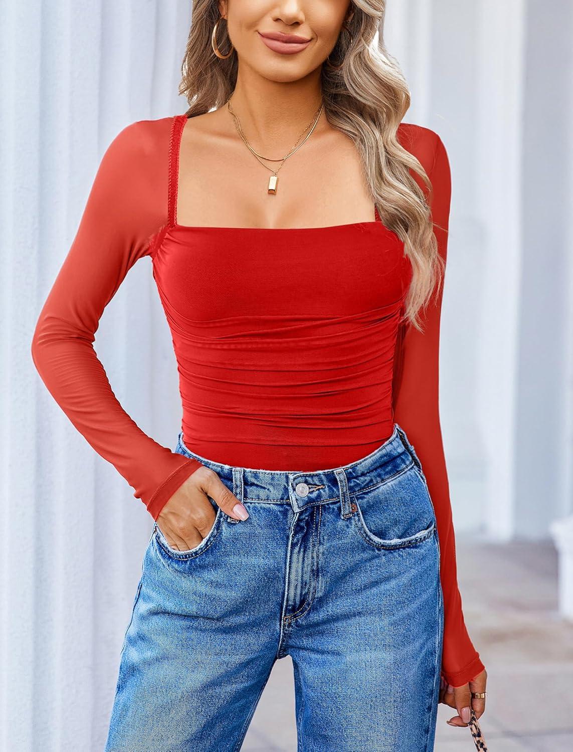 imageAvidlove Womens Square Neck Mesh Long Sleeve Bodysuit Shirts Ruched Body Suit Sexy Sheer Tops Date Night OutfitRed