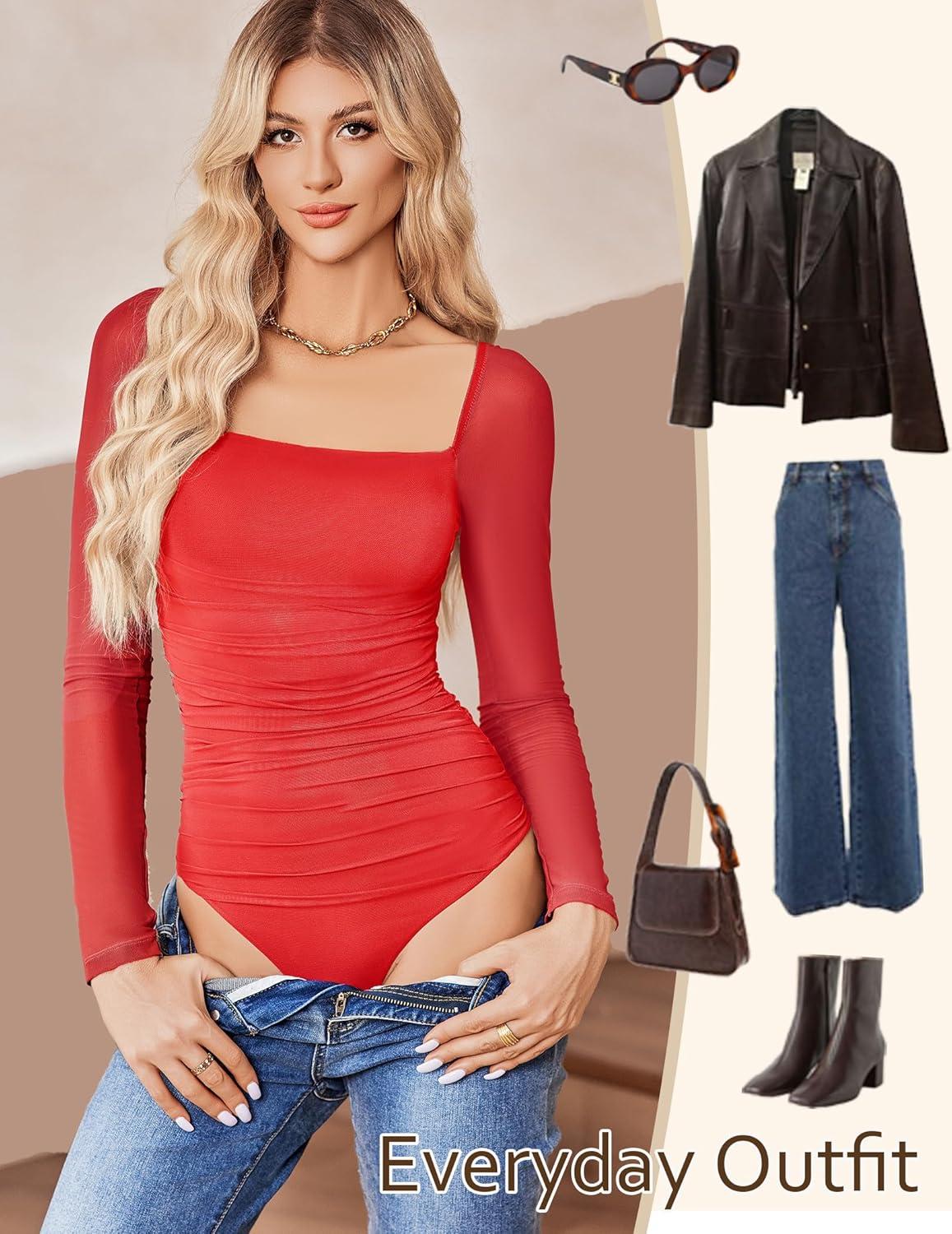 imageAvidlove Womens Square Neck Mesh Long Sleeve Bodysuit Shirts Ruched Body Suit Sexy Sheer Tops Date Night OutfitRed