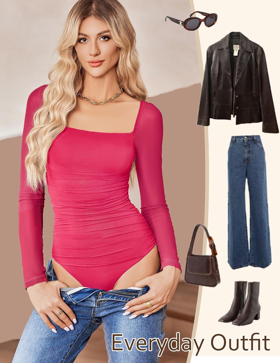 imageAvidlove Womens Square Neck Mesh Long Sleeve Bodysuit Shirts Ruched Body Suit Sexy Sheer Tops Date Night OutfitRose Red