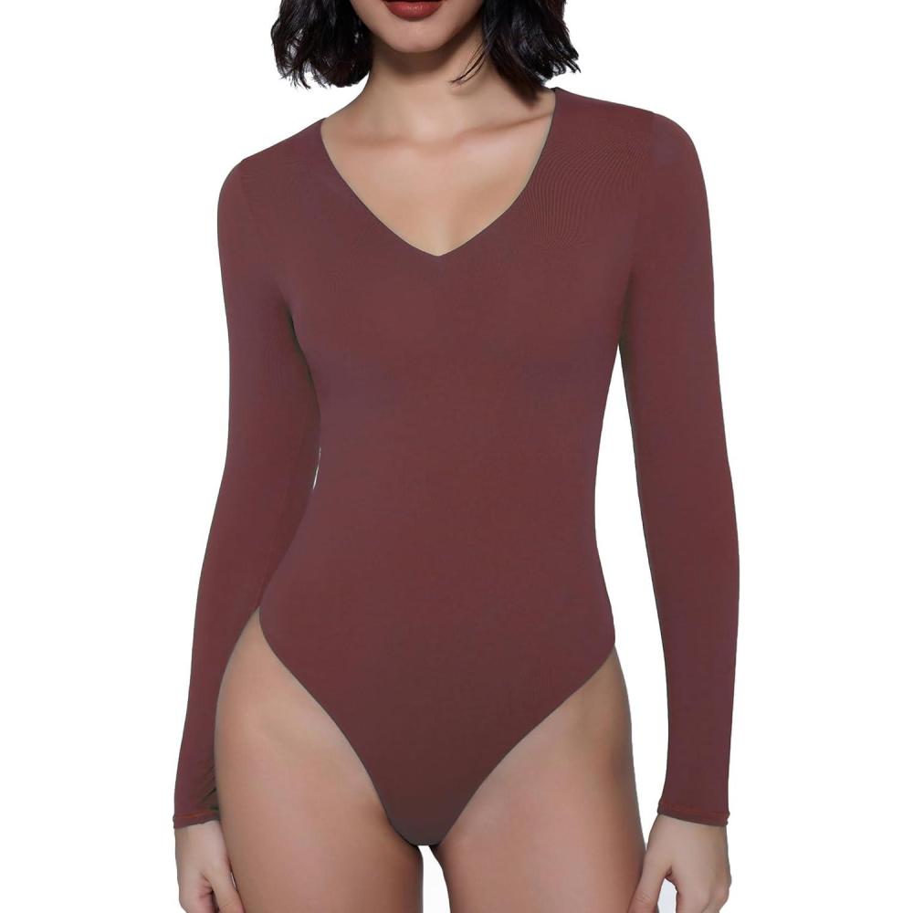imageAvidlove Bodysuits for Women Long Sleeve V Neck Body Suit Bodysuit Double Lined Thong Body Suits Sexy TopsDeep Purple Red