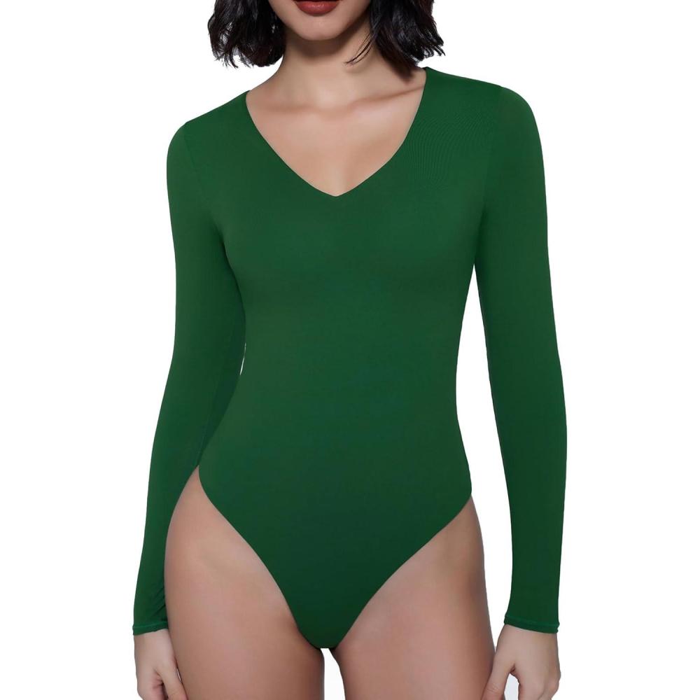 imageAvidlove Bodysuits for Women Long Sleeve V Neck Body Suit Bodysuit Double Lined Thong Body Suits Sexy TopsGreen