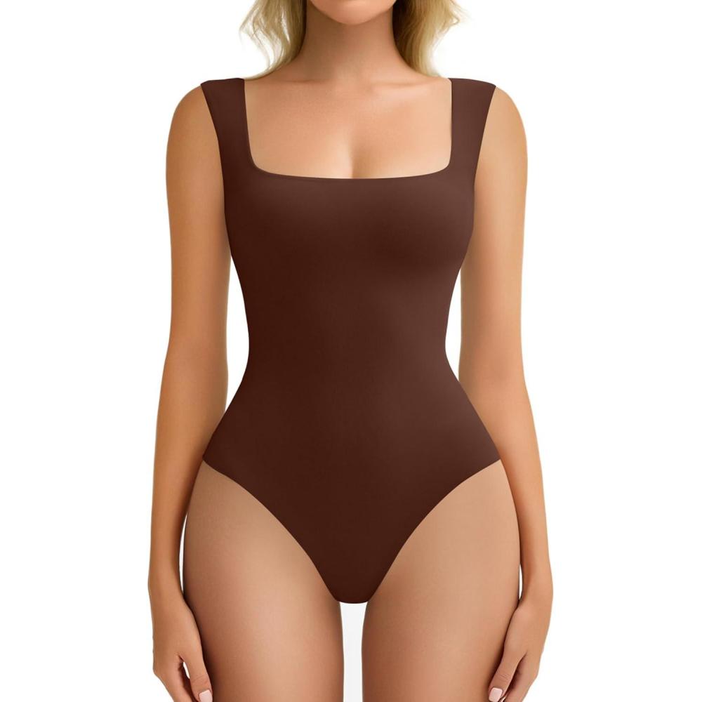 imageAvidlove Bodysuits for Women Square Neck Body Suit Double Lined Tank Top Bodysuit SoftCoffee