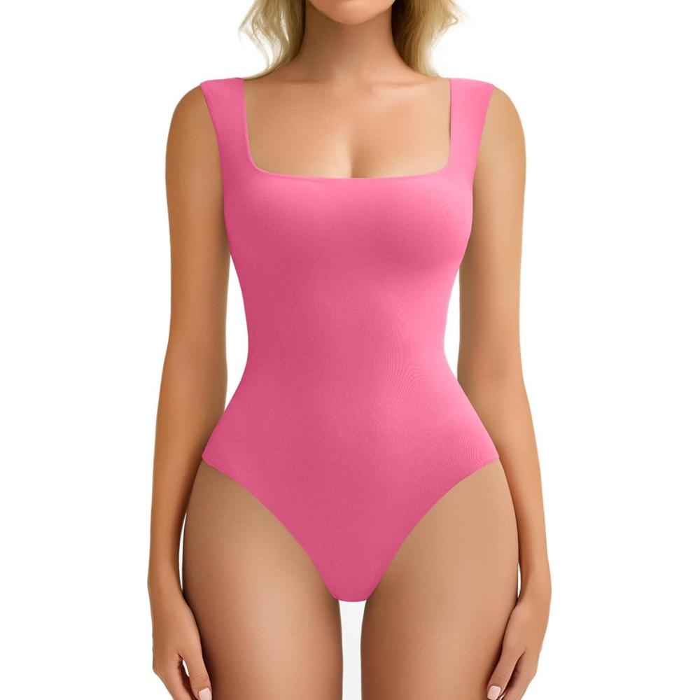 imageAvidlove Bodysuits for Women Square Neck Body Suit Double Lined Tank Top Bodysuit SoftPink