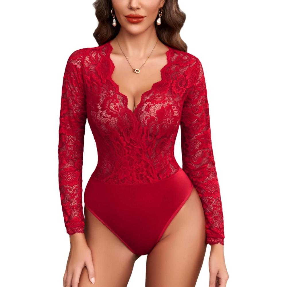 imageAvidlove Lace Bodysuit for Women Sexy Long Sleeve V Neck Body Suits Going Out Tops Snap Crotch One Piece Teddy LingerieBurgundy