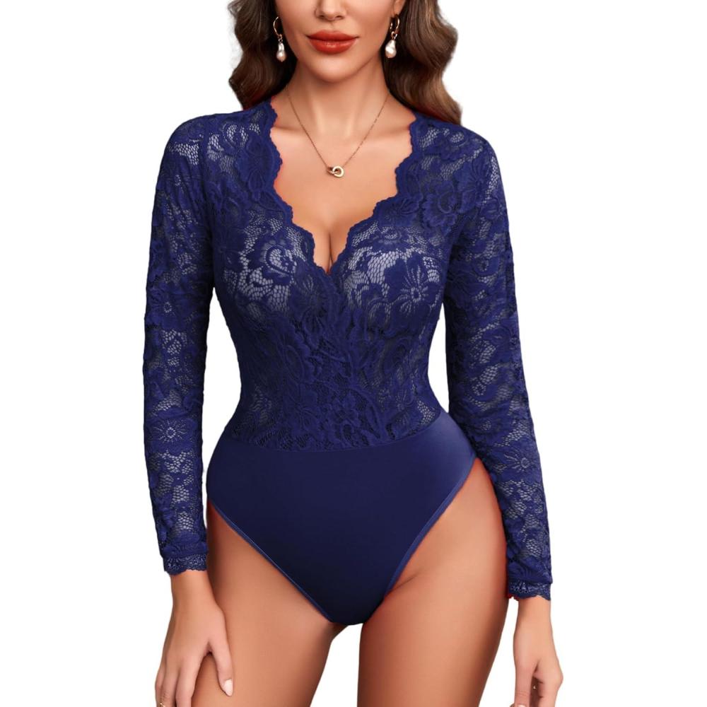 imageAvidlove Lace Bodysuit for Women Sexy Long Sleeve V Neck Body Suits Going Out Tops Snap Crotch One Piece Teddy LingerieNavy Blue