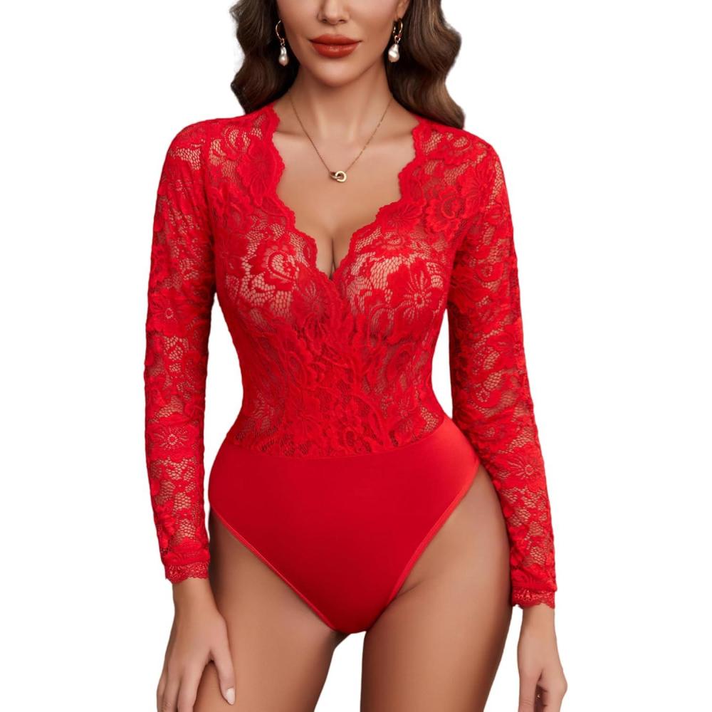imageAvidlove Lace Bodysuit for Women Sexy Long Sleeve V Neck Body Suits Going Out Tops Snap Crotch One Piece Teddy LingerieRed