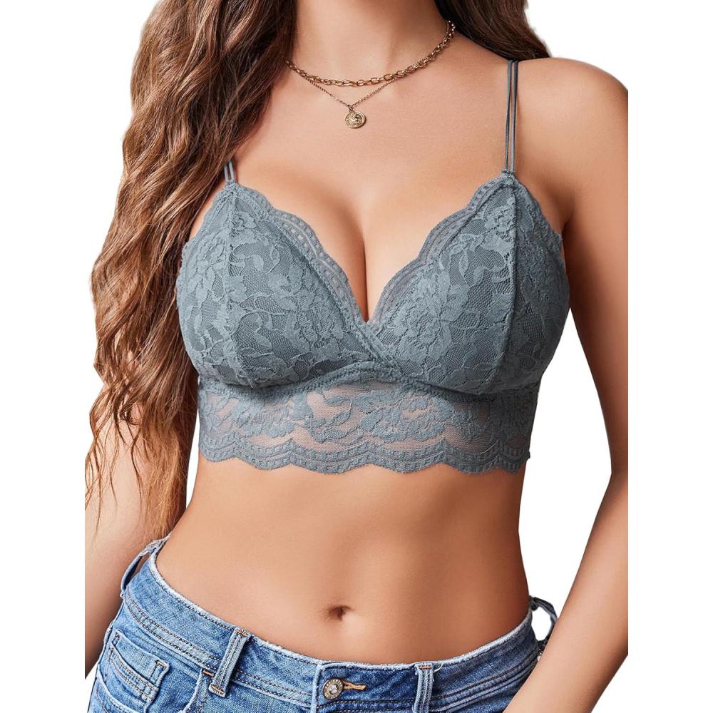 imageAvidlove Lace Bralette for Women V Neck Tank Top Spaghetti Strap Tube Slim Camisole Lingerie with Detachable PaddedGray