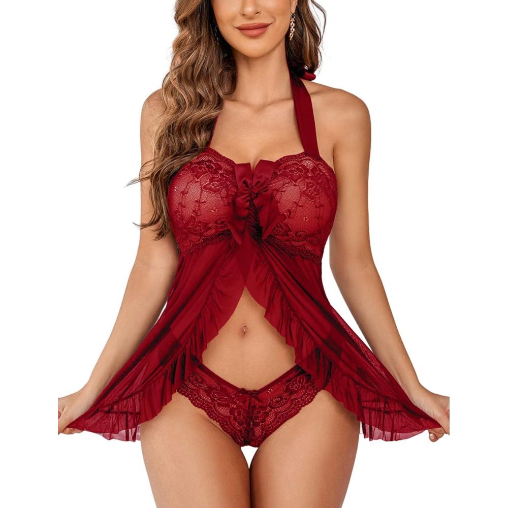 imageAvidlove Lingerie for Women Sexy Halter Lace Babydoll Dress Open Front Chemise Boudoir Nighty XS5XLA Dark Red