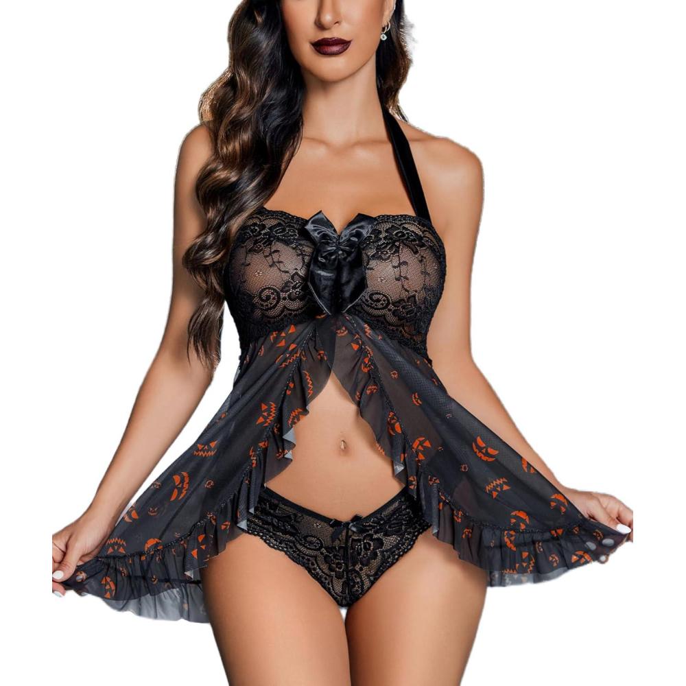 imageAvidlove Lingerie for Women Sexy Halter Lace Babydoll Dress Open Front Chemise Boudoir Nighty XS5XLHalloween Pumpkin