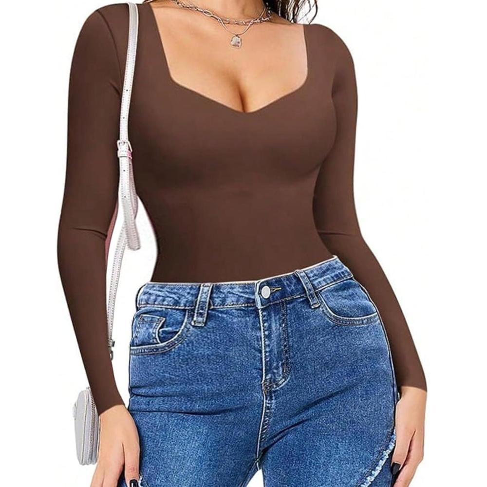 imageAvidlove Long Sleeve Bodysuits for Women Sexy Sweetheart Neck Going Out Outfits Double Lined BodysuitBrown