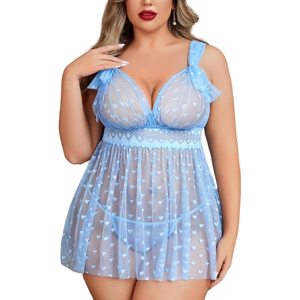 imageAvidlove Plus Size Lingeire for women Lace Babydoll Mesh Chemise Sexy Nightwear Sheer Nightie with Lace Up Bows L4XLBlue